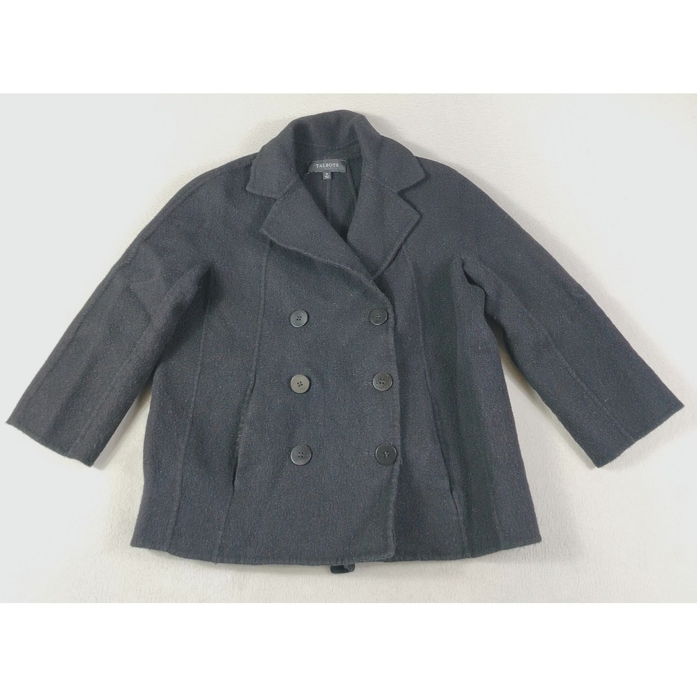 Talbots Coat Womens 10 Black Wool‎ Tweed Pea Coat 3/4 Sleeve Lined Button Front